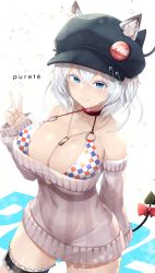 Rule 34 | 1girl, animal ears, bare shoulders, bikini, bikini top only, blue eyes, blush, bow, breasts, bridal garter, cat ears, character name, checkered bikini, checkered clothes, cleavage, collarbone, demon tail, dress, hat, highres, jewelry, large breasts, looking at viewer, mole, mole on breast, mole under eye, necklace, o-ring, o-ring bikini, original, red bow, short hair, sinensian, smile, solo, sweater, sweater dress, swimsuit, tail, thigh strap, thighs, v, vrchat, white hair