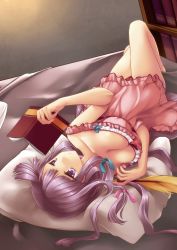 Rule 34 | 1girl, bad id, bad pixiv id, bed, book, breasts, cleavage, female focus, full body, indoors, large breasts, long hair, lying, narumizg, on back, open book, patchouli knowledge, pillow, purple eyes, purple hair, reading, solo, touhou