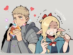 Rule 34 | 1boy, 1girl, armor, beads, biting, blonde hair, blue capelet, blush stickers, braid, bug, burger, capelet, choker, clenched teeth, closed mouth, comparison, cropped torso, dated, dripping, dungeon meshi, ears down, eating, elf, food, food bite, gem, gorget, green eyes, grey background, grey hair, hair over shoulder, hair ribbon, half updo, hands up, happy, heart, highres, holding, holding burger, holding food, holding skewer, holding staff, hood, hood down, hooded capelet, korean commentary, laios touden, long hair, long sleeves, looking down, marcille donato, nervous, one eye closed, orange eyes, parted bangs, pauldrons, plate armor, pointy ears, ribbon, scared, short hair, shoulder armor, side-by-side, side braid, skewer, sparkle, sprout, staff, sweat, teeth, trembling, upper body, vambraces, wooni