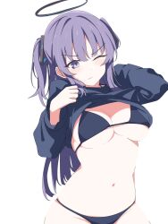 Rule 34 | 1girl, bikini, bikini under clothes, blue archive, blue bikini, blue sweater, blush, breasts, cleavage, closed mouth, clothes lift, commentary request, highres, kusana (kusana47454281), large breasts, lifting own clothes, long hair, long sleeves, navel, one eye closed, purple eyes, purple hair, simple background, solo, stomach, sweatdrop, sweater, sweater lift, swimsuit, two side up, underboob, white background, yuuka (blue archive)