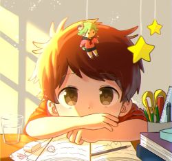 Rule 34 | 1boy, book, book stack, brown eyes, brown hair, child, covered mouth, cup, desk, doll, indoors, male focus, notebook, original, pencil, phamquo35059479, scissors, short hair, solo, star (symbol), twitter username