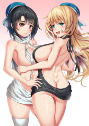 Rule 34 | 10s, 2girls, absurdres, alternate costume, aqua eyes, ass, atago (kancolle), backless outfit, bare back, bare shoulders, black hair, black sweater, blonde hair, breasts, butt crack, convenient censoring, cowboy shot, dress, embarrassed, hair between eyes, hands on another&#039;s hips, highres, kantai collection, large breasts, long hair, looking at viewer, meme attire, multiple girls, naked sweater, open mouth, ribbed sweater, short hair, sideboob, skindentation, sweater, sweater dress, takao (kancolle), tako seijin, thighhighs, thighs, turtleneck, turtleneck sweater, virgin killer sweater, wardrobe error, wavy mouth, white legwear, white sweater