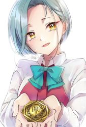Rule 34 | 1girl, alto2019, blue bow, blue bowtie, bow, bowtie, dress, forehead, grey hair, halterneck, highres, kantai collection, looking at viewer, medal, mole, mole on neck, one-hour drawing challenge, pleated dress, school uniform, shirt, short hair, simple background, smile, solo, swept bangs, tamanami (kancolle), upper body, white background, white shirt, yellow eyes