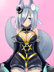 Rule 34 | 10s, 1girl, animal ears, blue eyes, breasts, cosplay, detached sleeves, eyes visible through hair, fate/extra, fate (series), female focus, fox ears, fox tail, gradient background, hair ornament, hair over one eye, hairclip, hamakaze (kancolle), hat, highres, kantai collection, large breasts, official alternate costume, pink background, short hair, silver hair, simple background, sin (kami148), solo, tail, tamamo (fate), tamamo no mae (fate/extra), tamamo no mae (fate/extra) (cosplay), tamamo no mae (sable mage) (fate)