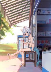 Rule 34 | 1girl, absurdres, animal ear fluff, animal ears, blue eyes, blue shorts, blunt bangs, cat ears, cat girl, convenience store, day, extra ears, fins, fish tail, food, full body, gawr gura, grey hair, highres, holding, holding food, hololive, hololive english, leg up, long hair, looking at viewer, navel, on bench, outdoors, popsicle, ray peng, shark girl, shark tail, shop, short shorts, shorts, sitting, slippers, solo, summer, tail, vending machine, virtual youtuber