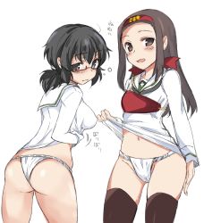 Rule 34 | 10s, 2girls, abenattou, ass, black eyes, black hair, blush, breasts, brown eyes, brown hair, covered erect nipples, fundoshi, girls und panzer, glasses, groin, japanese clothes, large breasts, long hair, looking at viewer, looking back, multiple girls, navel, ooarai school uniform, open mouth, oryou (girls und panzer), saemonza (girls und panzer), school uniform, small breasts, smile, thighhighs