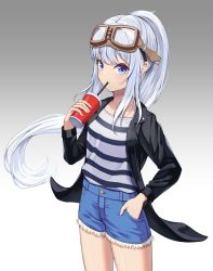 Rule 34 | 1girl, absurdres, black jacket, blue eyes, blue shorts, collarbone, commentary request, cup, cutoffs, disposable cup, drinking straw, floating hair, goggles, goggles on head, gradient background, grey background, grey hair, hand in pocket, hand up, highres, holding, holding cup, jacket, long hair, long sleeves, looking at viewer, open clothes, open jacket, original, ponytail, qwerjkl66, shirt, short shorts, shorts, solo, striped clothes, striped shirt, very long hair, white background
