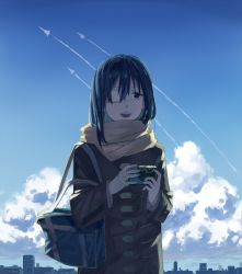 Rule 34 | 1girl, :d, aircraft, airplane, bad id, bad pixiv id, bag, black eyes, black hair, blue sky, building, camera, cloud, coat, contrail, day, eyepatch, holding, holding camera, jet, loglancer, long hair, long sleeves, open mouth, original, outdoors, scarf, school bag, sky, skyline, smile, solo, standing, yellow scarf