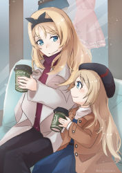 Rule 34 | 2girls, ane hoshimaru, black pants, blonde hair, blue dress, blue eyes, breasts, brown coat, coat, couch, cup, dress, hat, highres, holding, holding cup, indoors, jervis (kancolle), kantai collection, large breasts, long hair, multiple girls, nelson (kancolle), official alternate costume, pants, red sweater, scarf, shop, smile, sweater, turtleneck, turtleneck sweater, white coat, white scarf