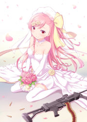 Rule 34 | 1girl, absurdres, ammunition, ammunition belt, bare shoulders, belt-fed, bouquet, bow, breasts, bridal veil, bullet, cleavage, closed mouth, collarbone, commentary request, dress, elbow gloves, flower, frilled dress, frills, general-purpose machine gun, girls&#039; frontline, gloves, gun, hair bow, hair flower, hair ornament, hairclip, harada (sansei rain), highres, holding, holding bouquet, imi negev, iwi negev, jewelry, light machine gun, long hair, machine gun, medium breasts, negev (girls&#039; frontline), pendant, petals, pink flower, pink hair, pink rose, red eyes, rose, sitting, smile, solo, strapless, strapless dress, thighhighs, veil, very long hair, wariza, weapon, wedding dress, white dress, white gloves, white thighhighs, yellow bow, yellow flower, yellow rose