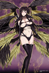 Rule 34 | 1girl, angel wings, aura, bird wings, black hair, black wings, breasts, cleavage, dark halo, double halo, feathered wings, female focus, golden wings, halo, high school dxd, highres, large breasts, long hair, midriff, multiple wings, purple background, raynare, red eyes, revealing clothes, seraph, shoulder spikes, smile, solo, spikes, thighhighs, underboob, wings, yxyyxy