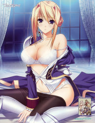 Rule 34 | 1girl, absurdres, armlet, armor, artist name, bare shoulders, bed, black pantyhose, blonde hair, blue dress, blush, bow, bow bra, bow panties, bra, breasts, buttons, cleavage, clothes pull, copyright name, curtains, dress, female focus, fingernails, frills, greaves, groin, hair between eyes, hair bun, hair intakes, high collar, highres, indoors, komori kei, lace, lace-trimmed bra, lace-trimmed panties, lace trim, large breasts, lingerie, long fingernails, long hair, long sleeves, looking at viewer, moonlight, navel, night, night sky, off shoulder, official art, open clothes, open dress, open shirt, panties, pantyhose, pantyhose pull, parted lips, patterned, pauldrons, princess lover, purple eyes, scan, shadow, shirt, short hair, shoulder armor, shoulder pads, silvia van hossen, single hair bun, sitting, sky, sleeve cuffs, solo, strap slip, underwear, white bra, white panties, white shirt, window