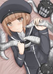 Rule 34 | 1girl, absurdres, abyssal ship, black neckerchief, blue dress, blue headwear, blue sailor collar, brown eyes, brown hair, clothes writing, disuto, dress, enemy naval mine (kancolle), hat, highres, kantai collection, looking at viewer, lying, neckerchief, on side, sailor collar, sailor hat, short hair, tentacles, upper body, z3 max schultz (kancolle)