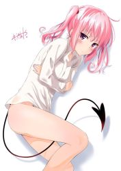 Rule 34 | 1girl, ass, blush, bottomless, breasts, commentary request, demon tail, looking at viewer, lying, murio, nana asta deviluke, no panties, on side, pink eyes, pink hair, purple eyes, shirt, signature, simple background, small breasts, solo, tail, to love-ru, twintails, white background, white shirt