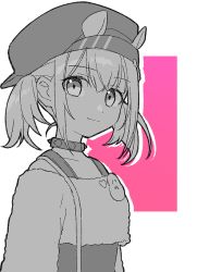 Rule 34 | 1girl, backwards hat, bare shoulders, cabbie hat, character request, closed mouth, collar, collarbone, crop top, drop shadow, greyscale with colored background, hair between eyes, hat, looking at viewer, off-shoulder shirt, off shoulder, pink background, project sekai, shirt, short twintails, smile, solo, spiked collar, spikes, twintails, two-tone background, upper body, uso (ameuzaki), white background