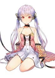 Rule 34 | 1girl, arm warmers, bare shoulders, breasts, butterfly hair ornament, choker, cleavage, closed mouth, collarbone, dress, expressionless, eyebrows, full body, full moon, hair ornament, halterneck, highres, kim eb, light purple hair, long hair, looking at viewer, moon, original, red eyes, shiny skin, simple background, sitting, small breasts, solo, twintails, very long hair, white background, white dress, yokozuwari