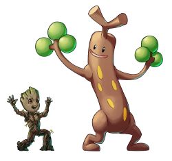 Rule 34 | creatures (company), crossover, drawfag, full body, game freak, gen 2 pokemon, groot, guardians of the galaxy, hands up, highres, marvel, marvel cinematic universe, metalmorag, nintendo, no humans, open mouth, pokemon, pokemon (creature), red eyes, smile, standing, sudowoodo, trait connection, transparent background
