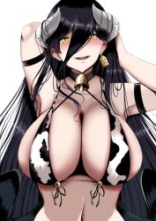 Rule 34 | 1girl, absurdres, ahoge, albedo (overlord), alternate breast size, animal print, arm behind head, arm strap, armpits, arms up, astraea (atelierastraea), bare shoulders, bell, bikini, black bikini, black feathers, black hair, blush, breasts, cleavage, collar, collarbone, cow print, cowbell, demon girl, ear tag, feathers, grey horns, hair between eyes, has bad revision, has downscaled revision, highres, horns, huge filesize, large breasts, long hair, looking at viewer, low wings, md5 mismatch, navel, neck bell, open mouth, overlord (maruyama), resolution mismatch, simple background, skindentation, smile, solo, source smaller, stomach, swimsuit, teeth, upper teeth only, white background, wings, yellow eyes