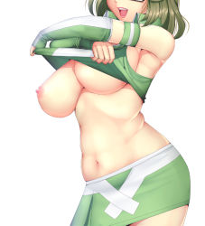 Rule 34 | 1girl, breasts, chousoku henkei gyrozetter, clothes lift, elbow gloves, glasses, gloves, green hair, harihisa, head out of frame, large breasts, miniskirt, nipples, open mouth, race queen, shirt lift, short hair, shoudou kotoha, simple background, skirt, smile, solo, white background