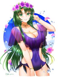 Rule 34 | 1girl, adjusting hair, alternate costume, breasts, bubble, cecilia (fire emblem), cleavage, clothing cutout, collar, collarbone, covered navel, cowboy shot, fire emblem, fire emblem: the binding blade, green eyes, green hair, grin, hand in own hair, highres, large breasts, long hair, looking at viewer, nintendo, one-piece swimsuit, purple one-piece swimsuit, side cutout, smile, solo, swimsuit, tsukimura (d24f4z8j3t), twitter username, very long hair, white background