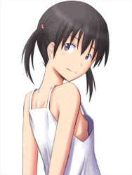 Rule 34 | 10s, 1girl, bare shoulders, black hair, bonnie (rsg), breasts, dress, flying witch, hair bobbles, hair ornament, kuramoto chinatsu, looking at viewer, looking back, nipples, purple eyes, short hair, short twintails, small breasts, smile, solo, twintails, white dress