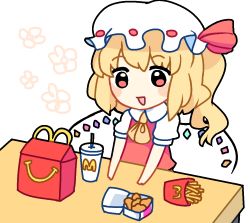 Rule 34 | 1girl, bad id, bad twitter id, blonde hair, blush, chibi, crystal, flandre scarlet, food, french fries, happy meal, hat, hat ribbon, kotdesu, lowres, mcdonald&#039;s, medium hair, mob cap, open mouth, puffy short sleeves, puffy sleeves, red eyes, red ribbon, red vest, ribbon, ribbon-trimmed headwear, ribbon trim, shirt, short sleeves, side ponytail, simple background, touhou, vest, white background, white headwear, white shirt, wings