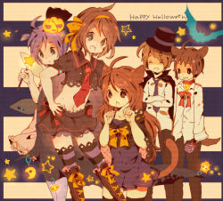 Rule 34 | 2boys, 3girls, animal ears, asahina mikuru, bat (animal), cat ears, cat tail, food-themed hair ornament, frills, hair ornament, halloween, happy halloween, hat, highres, jack-o&#039;-lantern, kanamori mao, koizumi itsuki, kyon, mi-ru, multiple boys, multiple girls, nagato yuki, necktie, pumpkin, pumpkin hair ornament, suzumiya haruhi, suzumiya haruhi no yuuutsu, tail, thighhighs, top hat, wolf ears