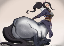 Rule 34 | 1girl, animal ears, anus, ass, blue kimono, blush, breasts, censored, centaur, closed mouth, commentary request, commission, fingerless gloves, full body, fur trim, gauntlets, gloves, highres, hooves, horse ears, horse tail, imaani, japanese clothes, kimono, large breasts, long bangs, long hair, looking at viewer, monster girl, mosaic censoring, multiple legs, muneate, obi, original, ponytail, purple eyes, pussy, sash, sidelocks, sitting, skeb commission, solo, tail, taur