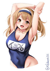 Rule 34 | 1girl, breasts, brown eyes, clothes writing, cowboy shot, ebifurya, hairband, highres, i-26 (kancolle), kantai collection, large breasts, light brown hair, long hair, name tag, new school swimsuit, old school swimsuit, one-piece swimsuit, school swimsuit, simple background, swimsuit, twitter username, two-tone hairband, two side up, white background