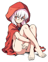 Rule 34 | 1girl, albino, ass, barefoot, bottomless, character request, feet, hood, oyatsu (mk2), red eyes, toes, white hair