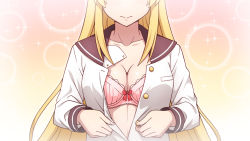 Rule 34 | 1girl, blonde hair, blush, bow, bow bra, bra, breasts, brown sailor collar, cleavage, closed mouth, collarbone, commentary request, facing viewer, head out of frame, highres, long hair, long sleeves, medium breasts, nakamura sumikage, open clothes, open shirt, original, partially unbuttoned, pink bra, sailor collar, school uniform, serafuku, shirt, sidelocks, solo, sparkle, underwear, undressing, upper body, very long hair, white shirt
