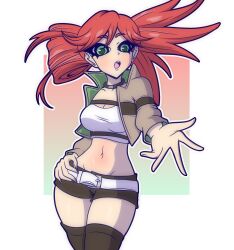 1girl breasts gachiakuta green_eyes h3r0 hand_on_own_hip jacket reaching reaching_towards_viewer red_hair riyou_reaper thighhighs thighs