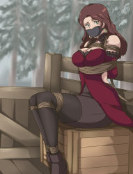 Rule 34 | 1girl, absurdres, bare shoulders, bdsm, bondage, bound, breasts, brown hair, cleavage, dorothea arnault, dress, earrings, fire emblem, fire emblem: three houses, gag, gagged, green eyes, highres, intelligent systems, jewelry, large breasts, long hair, looking at viewer, nintendo, panel gag, red dress, ryner-e, sitting, sleeveless, sleeveless dress, solo