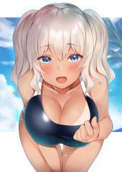 Rule 34 | 1girl, bare shoulders, blue eyes, blue one-piece swimsuit, blue sky, blurry, blurry background, blush, breasts, cleavage, cloud, collarbone, day, foreshortening, hair between eyes, hair intakes, hand up, highres, kantai collection, kashima (kancolle), large breasts, leaning forward, looking at viewer, medium hair, one-piece swimsuit, open mouth, outdoors, palm tree, pulled by self, sidelocks, silver hair, sky, smile, solo, sparkle, standing, swimsuit, tan, tanline, thigh gap, thighs, tree, twintails, two-tone swimsuit, usa b, wavy hair, white one-piece swimsuit, wide hips