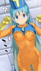 Rule 34 | 1girl, aqua hair, blue eyes, bodysuit, breasts, closed mouth, covered erect nipples, covered navel, dragon quest, dragon quest iii, gloves, hat, highres, imaichi, long hair, looking at viewer, medium breasts, mitre, orange bodysuit, priest (dq3), skin tight, solo, tabard