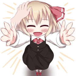 Rule 34 | 1girl, :d, black dress, blonde hair, carry me, dress, closed eyes, facing viewer, fang, from above, hair ribbon, happy, head pat, open mouth, outstretched arms, headpat, razy (skuroko), ribbon, rumia, short hair, smile, solo focus, touhou