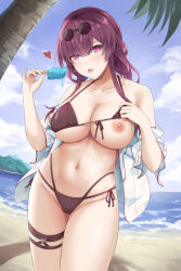 Rule 34 | 1girl, beach, bikini, bikini top lift, blue sky, breasts, clothes lift, cloud, cowboy shot, day, eating, eyewear on head, food, heart, highres, holding, holding food, holding popsicle, honkai: star rail, honkai (series), kafka (honkai: star rail), large breasts, lifting own clothes, navel, nipples, ocean, off shoulder, outdoors, palm tree, popsicle, purple bikini, purple eyes, purple hair, saliva, saliva trail, shirt, sky, solo, stomach, swimsuit, thigh strap, tongue, tongue out, tree, white shirt, zuikillme
