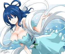 Rule 34 | 1girl, absurdres, blue dress, blue eyes, blue hair, breasts, cleavage, closed mouth, commentary request, dated, dress, flower, hair rings, highres, hisin, kaku seiga, large breasts, looking at viewer, shawl, sidelocks, signature, simple background, smile, solo, touhou, vest, white background, white flower, white vest