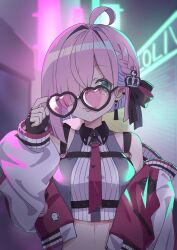 Rule 34 | 1girl, absurdres, ahoge, braid, breast strap, breasts, collared shirt, colored inner hair, crop top, cropped vest, diagonal bangs, earrings, fingerless gloves, glasses, gloves, green eyes, hair over one eye, hair ribbon, heart, heart-shaped eyewear, highres, himemori luna, himemori luna (streetwear), hololive, jacket, jewelry, letterman jacket, looking at viewer, medium breasts, midriff, multicolored hair, necktie, off-shoulder jacket, off shoulder, official alternate costume, official alternate hair length, official alternate hairstyle, open clothes, open jacket, ornament, pink-tinted eyewear, pink hair, pink necktie, red jacket, ribbon, shirt, short hair, single earring, smile, solo, sunglasses, tinted eyewear, tongue, tongue out, upper body, vest, virtual youtuber, yoizuki shion
