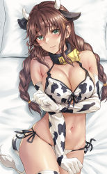Rule 34 | 1girl, animal ears, animal print, bed sheet, bell, bikini, blush, braid, breasts, brown hair, cleavage, closed mouth, cow ears, cow girl, cow horns, cow print, cow tail, cowbell, cowboy shot, elbow gloves, gloves, green eyes, hair between eyes, highres, horns, kantai collection, kokuzou, large breasts, long hair, navel, noshiro (kancolle), pillow, solo, swimsuit, tail, thighhighs, twin braids, white gloves, white thighhighs