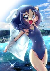 Rule 34 | 1girl, absurdres, alternate costume, blue eyes, blue hair, blue one-piece swimsuit, blue sky, breasts, buta obutu, cloud, cloudy sky, collarbone, competition school swimsuit, cowboy shot, day, heartcatch precure!, highres, kurumi erika, long hair, looking at viewer, ocean, one-piece swimsuit, open mouth, precure, school swimsuit, shirt, sky, small breasts, solo, sunlight, swimsuit, swimsuit under clothes, water, wavy hair, white shirt