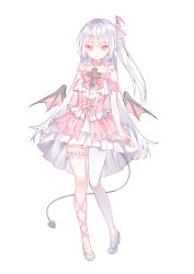 Rule 34 | 1girl, absurdres, bat wings, closed mouth, collarbone, commentary request, demon tail, dress, full body, high heels, highres, long hair, looking at viewer, mini wings, multicolored hair, one side up, original, pink eyes, pink hair, pleated skirt, sidelocks, simple background, single thighhigh, skirt, smile, solo, streaked hair, tail, thigh strap, thighhighs, virtual youtuber, white background, white dress, white footwear, white hair, white thighhighs, wings, zuu (qq770463651)