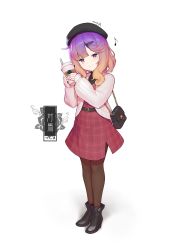 Rule 34 | 1girl, alternate costume, bag, belt, black belt, black footwear, black hat, black pantyhose, blush, boots, brown eyes, brown hair, casual, closed mouth, cup, full body, hair ornament, hairclip, handbag, hat, high heel boots, high heels, highres, himitsu neko, holding, holding cup, kantai collection, long sleeves, looking at viewer, medium hair, mole, mole under eye, multicolored eyes, multicolored hair, musical note, pantyhose, purple eyes, purple hair, smile, solo, tsushima (kancolle), two-tone hair