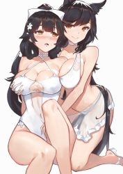 Rule 34 | 2girls, animal ears, arched back, atago (azur lane), atago (summer march) (azur lane), azur lane, bare legs, between breasts, bikini, black hair, blush, bow, breasts, brown eyes, casual one-piece swimsuit, choker, cleavage, criss-cross halter, duan henglong, flower, grabbing, grabbing another&#039;s breast, hair bow, hair flower, hair ornament, halterneck, highres, kneeling, large breasts, leaning forward, long hair, mole, mole under eye, multiple girls, navel, one-piece swimsuit, open mouth, ponytail, sandals, sarong, simple background, sitting, smile, swept bangs, swimsuit, takao (azur lane), takao (beach rhapsody) (azur lane), very long hair, white background, white bikini, white one-piece swimsuit