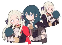 Rule 34 | 2girls, @ @, blue eyes, blue hair, breasts, brooch, byleth (female) (fire emblem), byleth (fire emblem), capelet, character doll, do m kaeru, doll, edelgard von hresvelg, fire emblem, fire emblem: three houses, gloves, hair ribbon, holding, holding doll, jewelry, long hair, looking at another, medium breasts, multiple girls, neckerchief, nintendo, open mouth, red capelet, ribbon, sweat, upper body, vambraces, white background, white gloves, white hair, white neckerchief