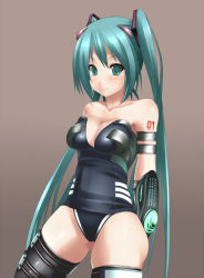 Rule 34 | 1girl, alternate costume, aoinagi, arms behind back, bare shoulders, blush, breasts, cleavage, detached sleeves, green eyes, green hair, hatsune miku, long hair, matching hair/eyes, medium breasts, solo, thighhighs, twintails, very long hair, vocaloid