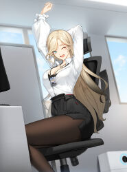 Rule 34 | 1girl, ;d, arm behind head, arms up, black pantyhose, black skirt, black undershirt, blonde hair, blue eyes, blue sky, breasts, business suit, chair, cleavage, closers, cloud, collared shirt, day, dress shirt, feet out of frame, formal, frilled sleeves, frills, harpy (closers), highres, id card, indoors, jewelry, lanyard, large breasts, long hair, long sleeves, looking at viewer, miniskirt, mole, mole under eye, monitor, office, office chair, office lady, official art, on chair, one eye closed, open mouth, pantyhose, partially unbuttoned, pencil skirt, pendant, puffy long sleeves, puffy sleeves, shirt, shirt tucked in, shirt under shirt, side slit, sitting, skirt, skirt suit, sky, smile, solo, suit, swept bangs, swivel chair, teeth, upper teeth only, very long hair, white shirt, window, yawning