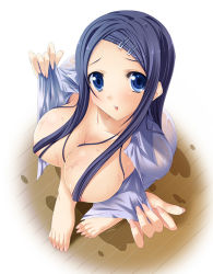 Rule 34 | 1girl, areola slip, barefoot, breasts, cleavage, nakano sora, open clothes, open shirt, shirt, solo, wet, wet clothes