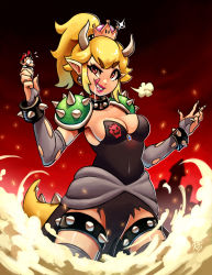 Rule 34 | 1boy, 1girl, black dress, blonde hair, bowser logo, bowsette, bracelet, breasts, bridal gauntlets, cleavage, collar, dated, dress, earrings, facial hair, giant, giantess, highres, holding, horns, jewelry, licking lips, long hair, mario, mario (series), mustache, nail polish, new super mario bros. u deluxe, nintendo, parted lips, pointy ears, ponytail, ravenousruss, red eyes, red headwear, saliva, sharp teeth, shoulder pads, smile, smoke, sparkle, spiked bracelet, spiked collar, spiked tail, spiked thighlet, spikes, strapless, strapless dress, super crown, tail, teeth, thighlet, tongue, tongue out, white nails