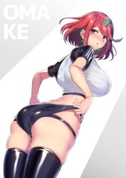 Rule 34 | 1girl, ass, black legwear, bob cut, breasts, gem, jewelry, koikawa minoru, large breasts, looking at viewer, looking back, panties, panty pull, pyra (xenoblade), red eyes, red hair, simple background, solo, standing, thick thighs, thighs, tiara, undersized clothes, underwear, xenoblade chronicles (series), xenoblade chronicles 2